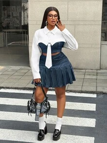 Maweii 女士条纹百褶休闲通勤简约优雅小众设计新款必备日常穿搭黑色优雅精致大码半身裙，春夏秋季条纹半身裙套装两件套百褶半身裙套装衬衫半身裙套装居家办公穿搭女士办公室工作服Yk Outfits - 藏蓝色 - 查看 6