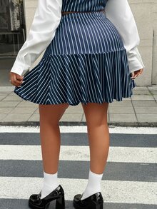 Maweii 女士条纹百褶休闲通勤简约优雅小众设计新款必备日常穿搭黑色优雅精致大码半身裙，春夏秋季条纹半身裙套装两件套百褶半身裙套装衬衫半身裙套装居家办公穿搭女士办公室工作服Yk Outfits - 藏蓝色 - 查看 4