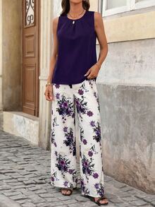 SHEIN Clasi Women's Solid Color Round Neck Top And Floral Print Wide Leg Pants Casual 2-Piece Set,Summer Outfits For Women - Purple - View 3