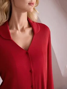Ocili 休闲女式纯色前扣长袖简约上衣和裤子套装，适合假日、秋冬季节穿着，舒适休闲。 - 紅色 - 查看 3
