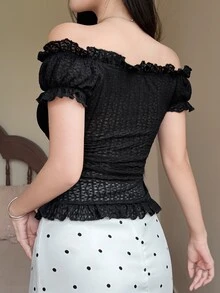 Tideelle 法式風格女款露肩泡泡短袖上衣，抽褶鈕扣開襟荷葉邊飾露肩收腰不對稱短版上衣 - 黑色 - 查看 2