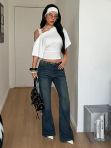 Coolane Women's Summer/Fall Concert Night Out Club Rave Y2K Sexy Daily Wear Essentials Open Shoulder Contrast Lace Waist-Cinched White T-Shirt - White - View 6