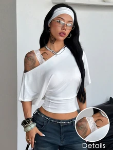 Coolane Women's Summer/Fall Concert Night Out Club Rave Y2K Sexy Daily Wear Essentials Open Shoulder Contrast Lace Waist-Cinched White T-Shirt - White - View 4