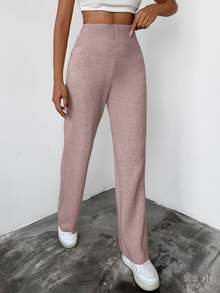EURMUSE Women's Casual High-Waisted Solid Color Simple Knitted Sweater Pants Set For Outdoor, Autumn/Winter - Coral Pink - View 3
