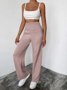 EURMUSE Women's Casual High-Waisted Solid Color Simple Knitted Sweater Pants Set For Outdoor, Autumn/Winter - Coral Pink - View 4