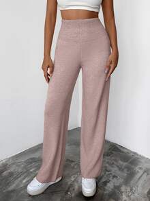 EURMUSE Women's Casual High-Waisted Solid Color Simple Knitted Sweater Pants Set For Outdoor, Autumn/Winter - Coral Pink - View 1