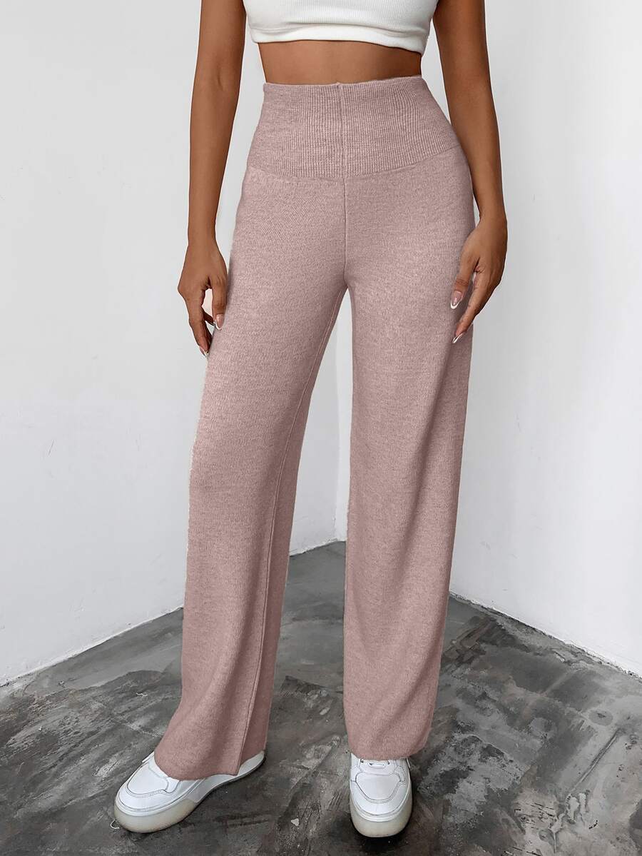 EURMUSE Women's Casual High-Waisted Solid Color Simple Knitted Sweater Pants Set For Outdoor, Autumn/Winter - Coral Pink - View 1