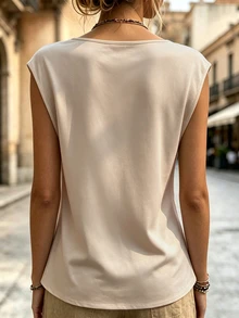 EMERY ROSE Women's Solid Color V-Neck Button Decor Cami Tank Top, Simple Fashionable, Suitable For Summer Wear Vacation Pink Floral Boho - White - View 3