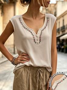 EMERY ROSE Women's Solid Color V-Neck Button Decor Cami Tank Top, Simple Fashionable, Suitable For Summer Wear Vacation Pink Floral Boho - White - View 5