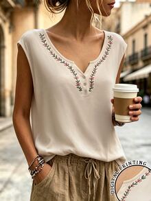 EMERY ROSE Women's Solid Color V-Neck Button Decor Cami Tank Top, Simple Fashionable, Suitable For Summer Wear Vacation Pink Floral Boho - White - View 4