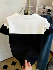 Resyla 女士撞色3D立体花卉装饰圆领短袖时尚T恤 - 彩色 - 查看 2