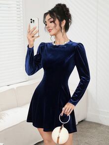 Modelyn 女士优雅浪漫丝绒长袖迷你连衣裙 - 藏蓝色 - 查看 7
