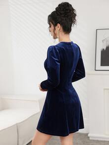 Modelyn 女士优雅浪漫丝绒长袖迷你连衣裙 - 藏蓝色 - 查看 2