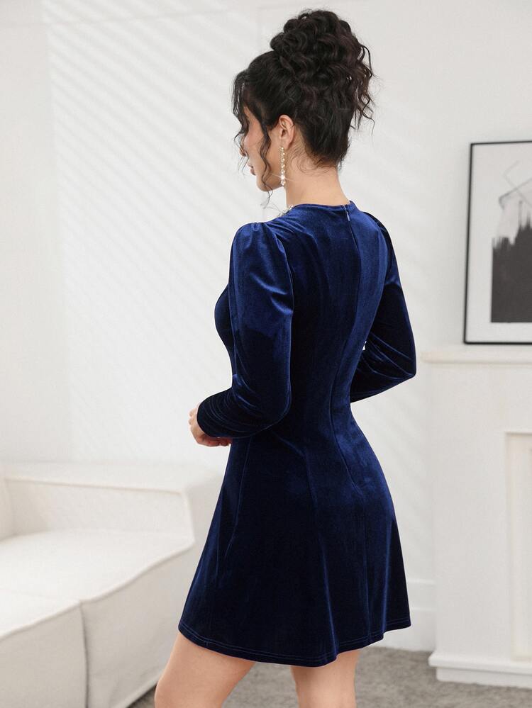 blue velvet long sleeve mini dress Modelyn Women's Elegant Romantic Velvet Dress For Women Navy Elegant Dress Velvet wrap dress navy blue