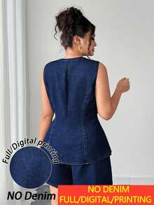 Elenzga Women's Plus Size New Fashion Elegant Vintage Denim-Like Round Neck Asymmetric Gold Button Cardigan Slimming Waist-Cinching Sleeveless Vest Hip-Covering High-Waist Shorts Street Casual 2-Piece Set Suitable For Daily Commute - Navy Blue - View 2