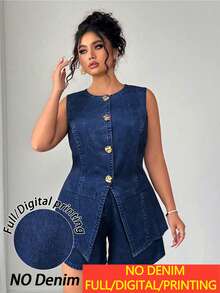 Elenzga Women's Plus Size New Fashion Elegant Vintage Denim-Like Round Neck Asymmetric Gold Button Cardigan Slimming Waist-Cinching Sleeveless Vest Hip-Covering High-Waist Shorts Street Casual 2-Piece Set Suitable For Daily Commute - Navy Blue - View 3