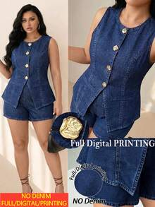 Elenzga Women's Plus Size New Fashion Elegant Vintage Denim-Like Round Neck Asymmetric Gold Button Cardigan Slimming Waist-Cinching Sleeveless Vest Hip-Covering High-Waist Shorts Street Casual 2-Piece Set Suitable For Daily Commute - Navy Blue - View 4