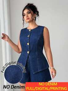 Elenzga Women's Plus Size New Fashion Elegant Vintage Denim-Like Round Neck Asymmetric Gold Button Cardigan Slimming Waist-Cinching Sleeveless Vest Hip-Covering High-Waist Shorts Street Casual 2-Piece Set Suitable For Daily Commute - Navy Blue - View 6