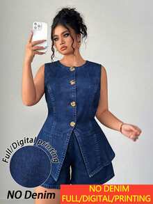 Elenzga Women's Plus Size New Fashion Elegant Vintage Denim-Like Round Neck Asymmetric Gold Button Cardigan Slimming Waist-Cinching Sleeveless Vest Hip-Covering High-Waist Shorts Street Casual 2-Piece Set Suitable For Daily Commute - Navy Blue - View 5