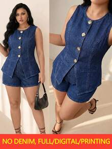 Elenzga Women's Plus Size New Fashion Elegant Vintage Denim-Like Round Neck Asymmetric Gold Button Cardigan Slimming Waist-Cinching Sleeveless Vest Hip-Covering High-Waist Shorts Street Casual 2-Piece Set Suitable For Daily Commute - Navy Blue - View 1