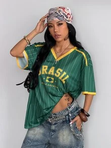 Coolane 女款夏季復古街頭運動數字印花寬鬆版棒球球衣T恤 - 彩色 - 查看 4