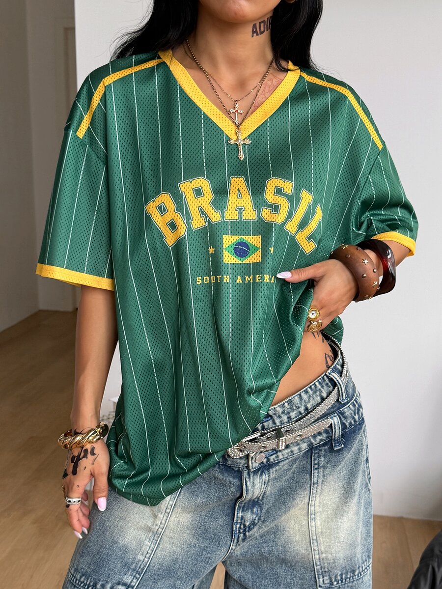 Coolane 女款夏季復古街頭運動數字印花寬鬆版棒球球衣T恤
