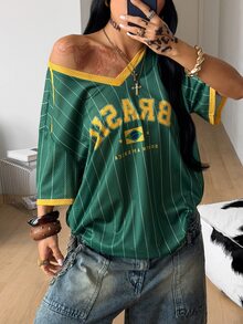 Coolane 女款夏季復古街頭運動數字印花寬鬆版棒球球衣T恤 - 彩色 - 查看 5