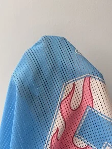 Coolane 女款春夏 Y2K 街頭風復古透氣網眼圖案數字足球 T 恤，適合電音派對日間穿著，藍白配色 - 淺藍色 - 查看 7