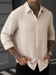 Manfinity CasualCool White Casual Linen Long Sleeve Shirt - Khaki - View 7