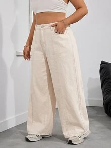 SHEIN PETITE CURVE 大尺碼女款寬鬆口袋寬腿休閒簡約牛仔褲，適合約會、度假、夏季 - 杏色 - 查看 5