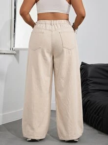 SHEIN PETITE CURVE 大尺碼女款寬鬆口袋寬腿休閒簡約牛仔褲，適合約會、度假、夏季 - 杏色 - 查看 2