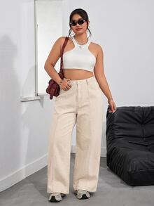 SHEIN PETITE CURVE 大尺碼女款寬鬆口袋寬腿休閒簡約牛仔褲，適合約會、度假、夏季 - 杏色 - 查看 3