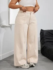 SHEIN PETITE CURVE 大尺碼女款寬鬆口袋寬腿休閒簡約牛仔褲，適合約會、度假、夏季 - 杏色 - 查看 1