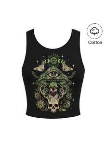 ROMWE Spring/Summer Casual Graphic Black Gothic Mysterious Dark Green Horror Moth Butterfly Sun Moon Star Skull Mushroom Leaf Plant Women Tank Top - Black - View 1