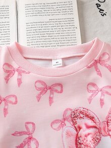 SHEIN 女童針織可愛貓咪與蝴蝶結圖案圓領運動衫與長褲兩件套 - 白色 - 查看 5