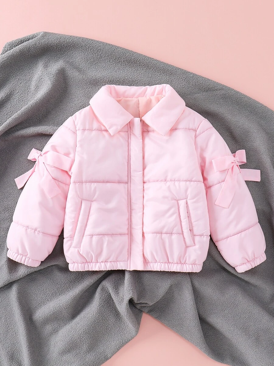 SHEIN 女童純色休閒連帽拉鍊外套 冬季露營穿搭 粉色 - 粉色 - 查看 1