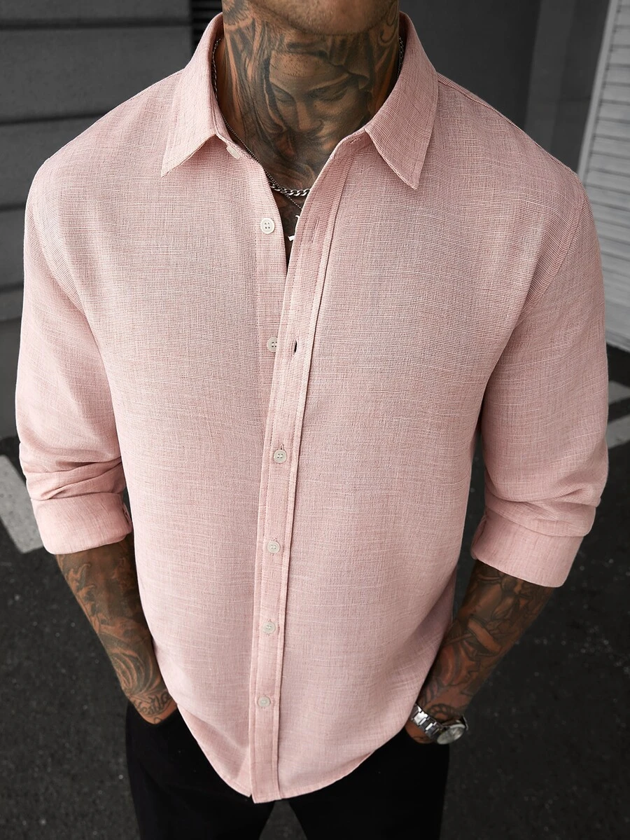 Manfinity CasualCool Dusty Pink Casual Linen Long Sleeve Shirt Vacation Autumn - Baby Pink - View 1