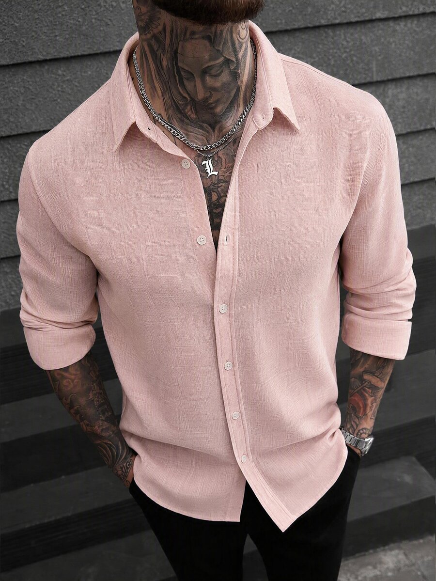 Manfinity CasualCool White Casual Linen Long Sleeve Shirt - Baby Pink - View 1