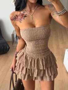 Coolane 女款夏季優雅時尚外出米色抹胸修身荷葉邊層次蕾絲紋理迷你洋裝 - 棕色 - 查看 4