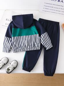 Boys 2Pcs Colorblock Printed Hooded Jacket Pants Set Back To School Sporty Early Fall Casual Daily Outdoor Kids Tracksuit - Multicolor - View 2