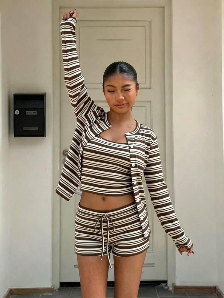 Muchica Women's Brown Striped Summer Casual Vacation Holiday 3-Piece Set,Fitted Cropped Camisole,Long Sleeve Button-Up Cardigan&Drawstring Waist Shorts - Multicolor - View 6