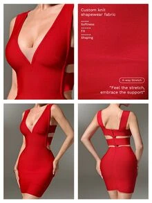 Nuvra Sexy Bandage Red Mesh V-Neck Bodycon Mini Dress For Party Club Night Out Summer - Red - View 6