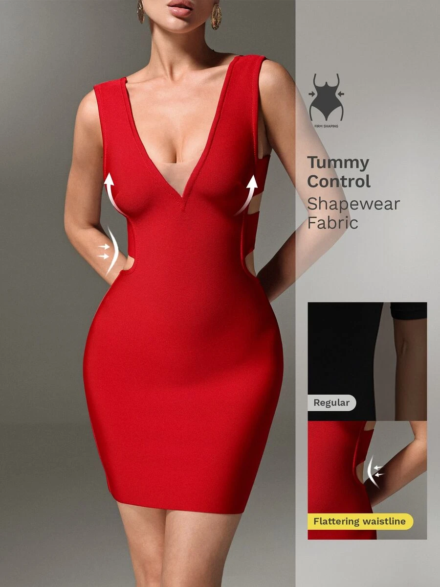 Nuvra Sexy Bandage Red Mesh V-Neck Bodycon Mini Dress For Party Club Night Out Summer - Red - View 1