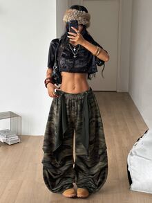 Coolane 女款與男款春季街頭風 Y2K 復古 Gyaru 格紋舒適黑色寬鬆降落傘褲 - 軍綠色 - 查看 4