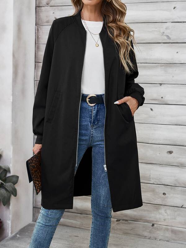 SHEIN LUNE Women's Solid Color Long Sleeve Pocket Long Casual Baseball Collar Regular Jacket, Spring Autumn