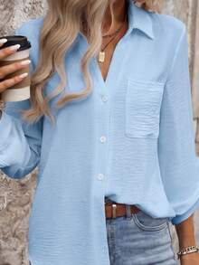 Pariaura Casual Solid Color Pocket Button-Front Long Sleeve Minimalist Shirt - Baby Blue - View 4