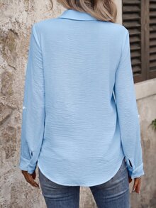 Pariaura Casual Solid Color Pocket Button-Front Long Sleeve Minimalist Shirt - Baby Blue - View 2