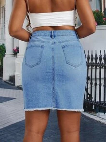 Slaydiva Minifalda de Mezclilla Talla Grande unicolor Ajuste Ceñido con Cremallera Delantera - Azul - Ver 2