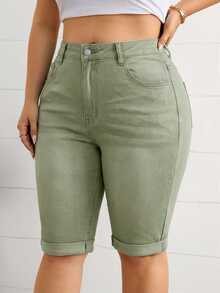 Firerie Plus Size Women Pocketed Button Casual Versatile Daily Wear Denim Shorts - Green - View 5
