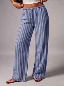 Avenya Low Waist Denim Effect Blue And White Stripe Straight Leg Wide Leg Long Pants For Women, Casual Sexy Hawaiian Daily Commute Beach Fall/Winter - Blue - View 3